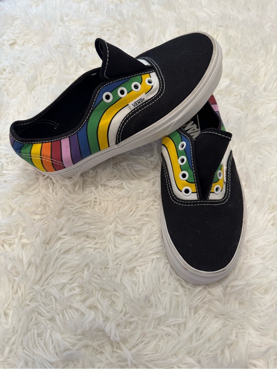 Vans Shoes - Vans Kids Black Slip-On Sneakers with Rainbow Stripe Detail